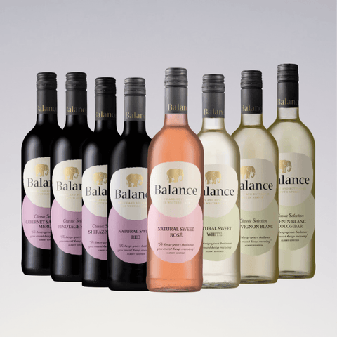 Balance South African Wine Collection bottles featuring red, rosé, and white wines with elephant logo and screw-cap closures.