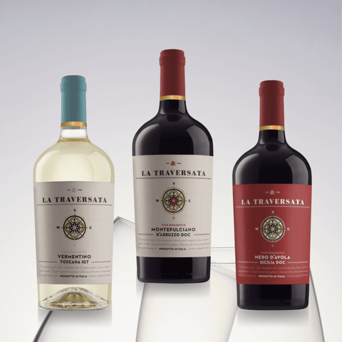 La Traversata Organic Italian Wine Collection X3 bottles, featuring Vermentino, Montepulciano, and Nero d'Avola wines