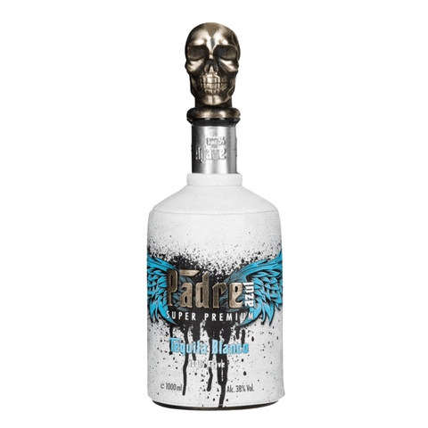 Padre Azul Tequila Blanco 1L bottle with skull design, premium Mexican tequila, 38% alcohol, made from 100% blue Weber agave.
