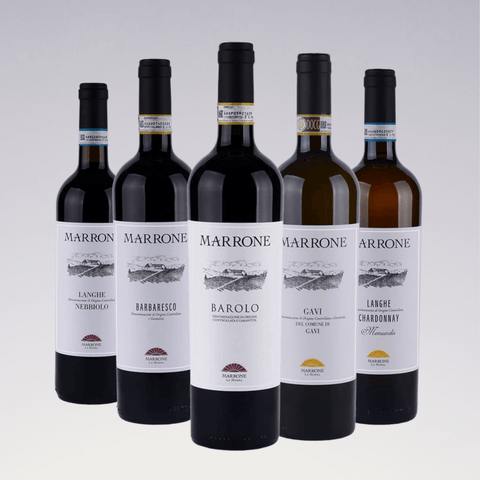 Marrone Piedmont Wine Collection featuring bottles with elegant white labels displaying hand-sketched vineyard illustrations.