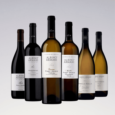 Albino Armani Italian Wine Collection featuring elegant bottles with minimalist labels, Italian winemaking since 1607.
