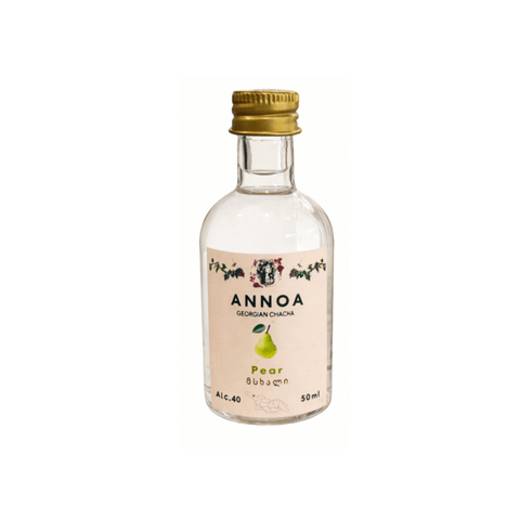 Bottle of Annoa Georgian Chacha Pear 50ml with 40% alcohol content, featuring traditional Georgian design.