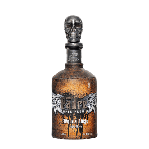 Padre Azul Añejo Tequila 700ml bottle with skull cap, handcrafted from 100% blue Weber agave, aged 18 months in oak barrels.