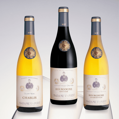 Madame Veuve Point Burgundy Collection featuring Chablis, Bourgogne Pinot Noir, and Bourgogne Chardonnay bottles.