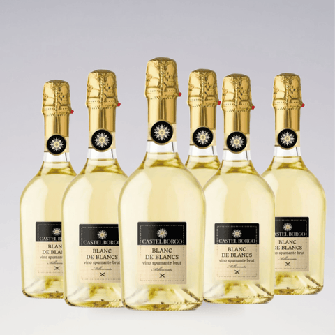 Castel Borgo Blanc de Blancs Brut Set X6 bottles elegantly displayed, highlighting Italian sparkling wine tradition.