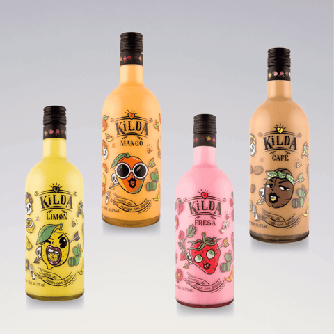 Assorted Kilda Cream Liqueur bottle set showcasing flavors in vibrant and artistic designs, perfect for cocktails and gifting.