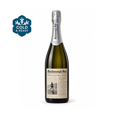 Marlborough Sun Sauvignon Blanc Bubbles 2023 bottle, 750ml, 12.5% ABV, featuring a lively sparkling wine from New Zealand's Marlborough region. Cold & Ready badge.
