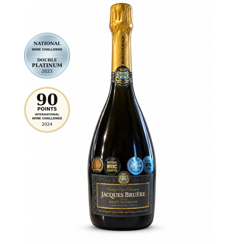 Jacques Bruere Brut Reserve 2014 750ml 11%; front bottle with Double Platinum · National Wine Challenge · 2023; 90/100 · International Wine Challenge · 2024 badges.