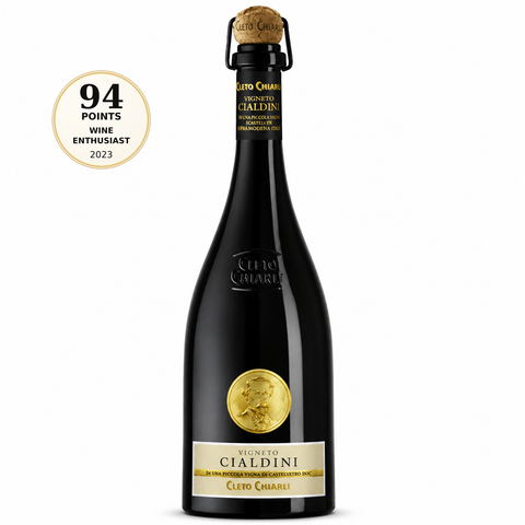 Cleto Chiarli Vigneto Cialdini Lambrusco Secco 2022 750ml 11%. Front bottle with 94/100 Wine Enthusiast 2023 score badge.