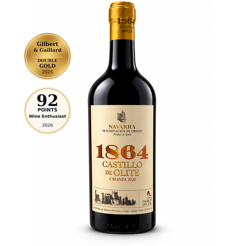 1864 Olite Garnacha Tempranillo 2020 Dry Red wine 750ml 14% (Spain); front bottle with Double Gold · Gilbert & Gaillard · 2025; 92/100 · Wine Enthusiast · 2026 badges.