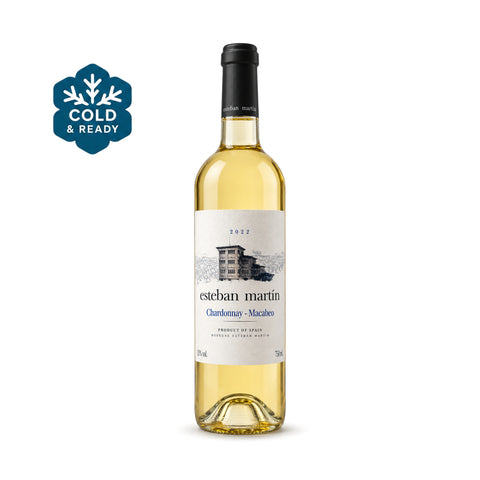 Esteban Martin Chardonnay Macabeo 2022 Dry white wine 13% (Spain); front bottle on white background with Cold & Ready badge.