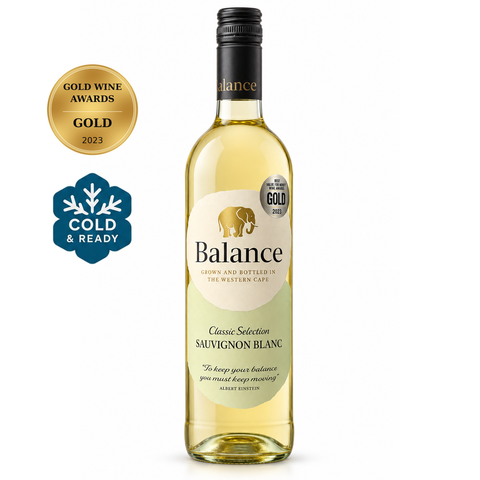 Balance Classic Sauvignon Blanc 2023 White Semi Dry Wine 750ml 12%; front bottle with Gold · Gold Wine Awards · 2023; Cold Ready badges.