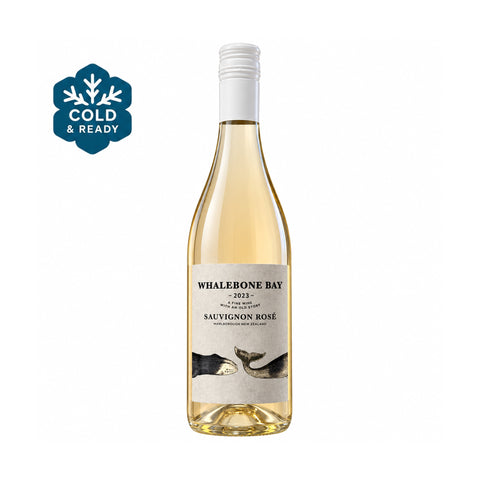 Whalebone Bay Sauvignon Rose Dry Wine 2023 bottle, 750ml, 12.5% ABV, Marlborough, New Zealand. Fresh, fruit-led rosé wine. Cold & Ready badge.