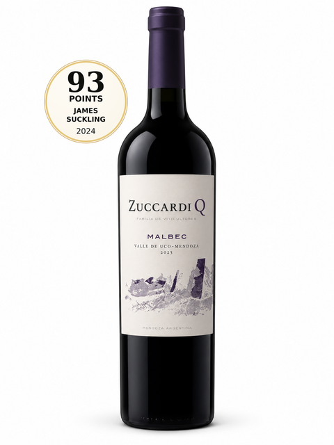 Zuccardi Q Malbec Red Wine 2023 | 750 ml | 14%. Front bottle with 93/100 James Suckling 2024 score badge.