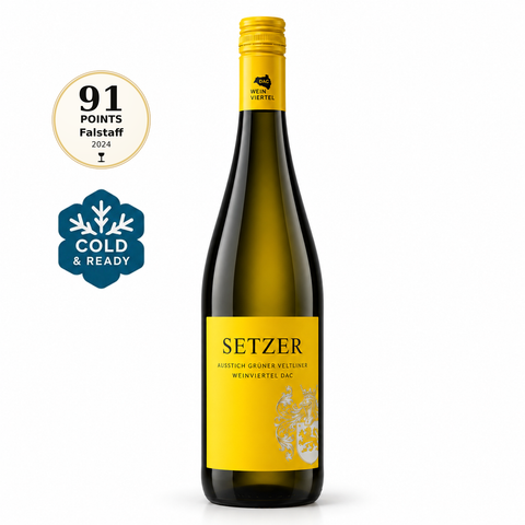 Setzer Ausstich Gruner Veltliner 2023 Dry White 750ml bottle with wine awards and cold ready label.
