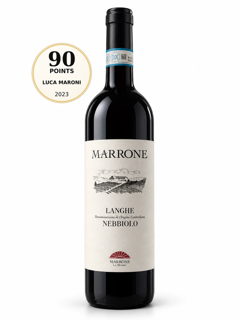 Marrone Langhe Nebbiolo DOC 2020 Dry Red Wine 750ml 14%. Front bottle with 90/99 Luca Maroni 2023 score badge.