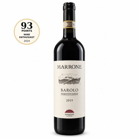 Marrone Barolo DOCG Red Dry Wine 2019 750ml 14.5% (Italy). Front bottle with 93/100 Wine Enthusiast 2024 score badge.