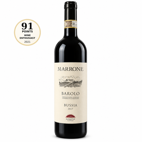 Marrone Barolo Bussia DOCG Red Dry Wine 2017 750ml 14.5% (Italy). Front bottle with 91/100 Wine Enthusiast 2021 score badge.
