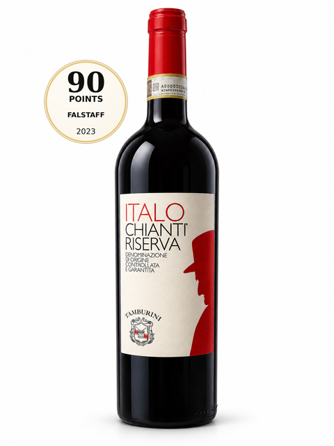 Tamburini Italo Chianti Riserva 2020 Sangiovese Dry Red wine 14.5%. Front bottle with 90/100 Falstaff 2023 score badge.