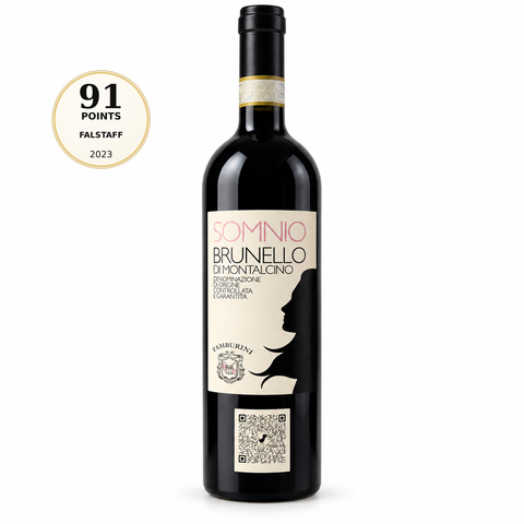 Somnio Brunello Sangiovese 2018 Dry Red Wine 750ml 14.5% (Italy). Front bottle with 91/100 Falstaff 2023 score badge.