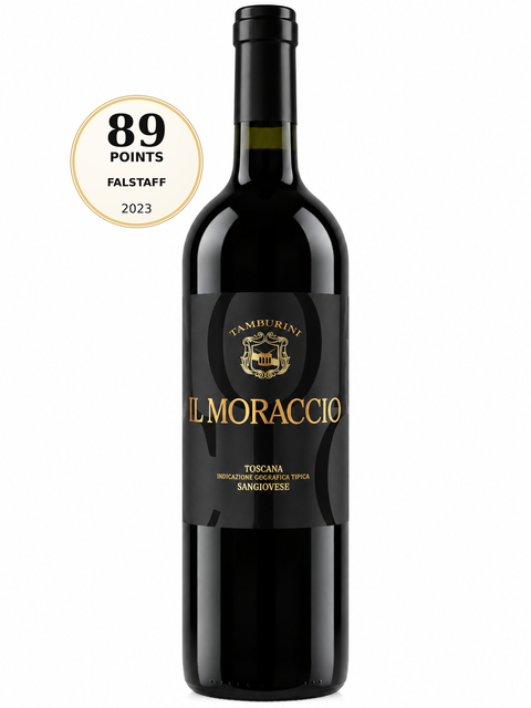 Tamburini Il Moraccio Sangiovese Dry Red Wine 2019 750ml 14.5% (Italy). Front bottle with 89/100 Falstaff 2023 score badge.