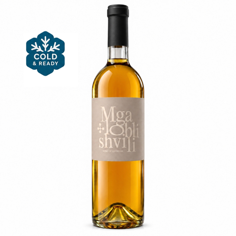 Mgaloblishvili Rkatsiteli Dry Amber Wine 750ml bottle with 12.5% alcohol, featuring a clear view of the amber wine color.