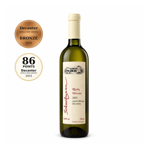 Schuchmann Mtsvane 2023 dry white wine, 750ml, 14%, front view, Decanter Bronze 2025, 86/100 / შუხმანის მწვანე 2023, თეთრი მშრალი ღვინო, წინა მხარე