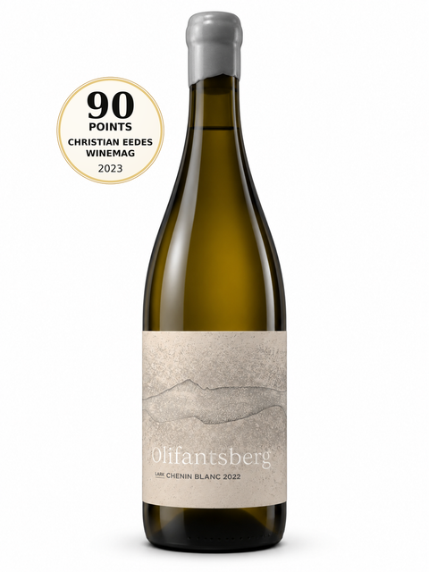 Olifantsberg Lark Chenin Blanc 2022 Dry White Wine 750ml 13%. Front bottle with 90/100 Christian Eedes / Winemag 2023 score badge.