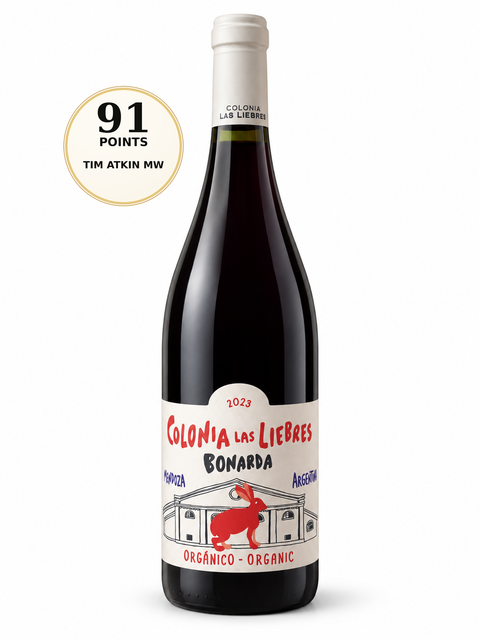 Colonia Las Liebres Bonarda Organic Red 2023 | 750 ml | 13.5%. Front bottle with 91/100 Tim Atkin MW score badge.