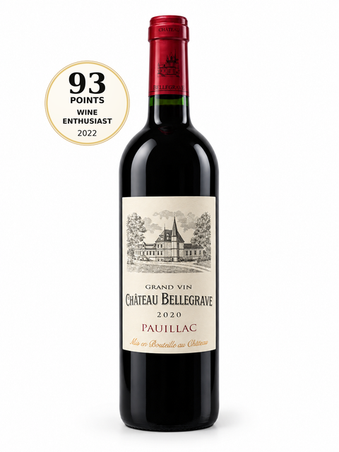 Bellegrave Cabernet Sauvignon 2020 Dry Red Wine 750ml 15% (France). Front bottle with 93/100 Wine Enthusiast 2022 score badge.