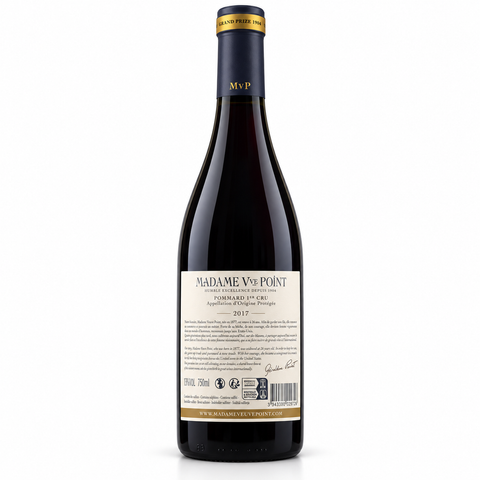 Bottle of Madame Veuve Point Pommard 1er Cru Pinot Noir 2017 Dry Red wine, 750ml, 13% alcohol.