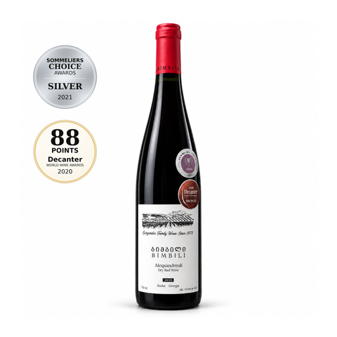 Bimbili Aleksandrouli 2019 dry red wine 750 ml 14%, front, Silver Sommeliers Choice Awards 2021 and 88/100 Decanter 2020 | ბიმბილი ალექსანდროული 2019 წითელი მშრალი ღვინო, წინა ხედი, ვერცხლი Sommeliers Choice Awards 2021 და 88/100 Decanter 2020
