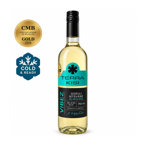 Terra Kisi ViBEZ Goruli Mtsvane 2025 750ml bottle, dry white wine from Georgia with 12.5% alcohol, turquoise and black label.