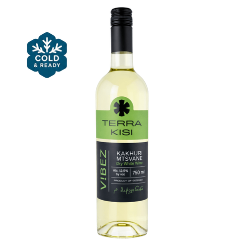 Terra Kisi Kakhuri Mtsvane Dry White Wine 750ml bottle from Georgia with 12.5% alcohol content and elegant label design.; Cold & Ready badge.