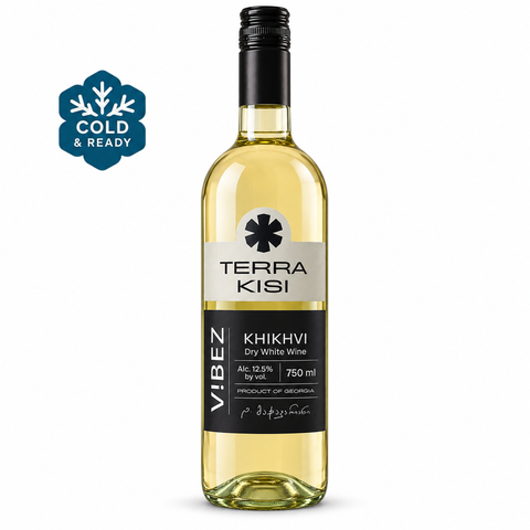 Bottle of Terra Kisi ViBEZ Khikhvi 2025 Dry White wine 750ml; Cold & Ready badge.