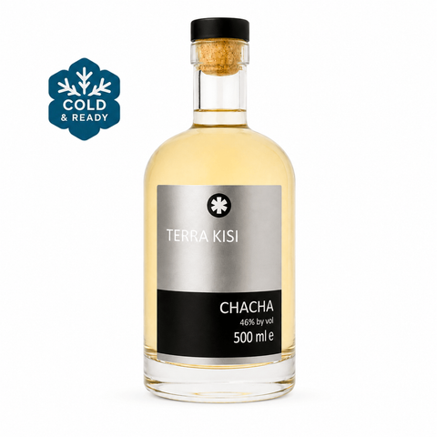 Terra Kisi Chacha 500ml bottle with 46% alcohol, a premium Georgian grape spirit made from Kisi grapes highlighting Georgian heritage.