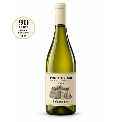 St Michael Eppan Pinot Grigio 2023 Dry White Wine 750ml 13.5% (Italy). Front bottle with 90/100 James Suckling 2024 score badge.