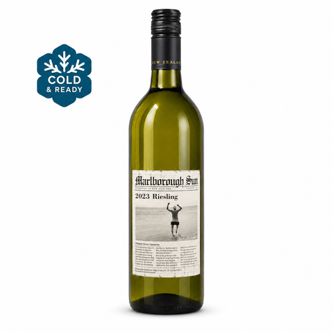 Marlborough Sun Riesling 750ml 12% (2023, New Zealand); front bottle with Cold & Ready badge.