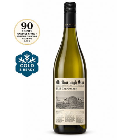 Marlborough Sun Chardonnay 2024 Dry white Wine 750ml 13% (New Zealand); front bottle with Cold & Ready badge.