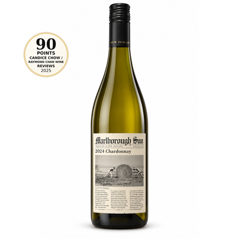 Marlborough Sun Chardonnay 2024 Dry white Wine 750ml 13% (New Zealand). Front bottle with 90/100 Candice Chow / Raymond Chan Wine Reviews 2025 score badge.