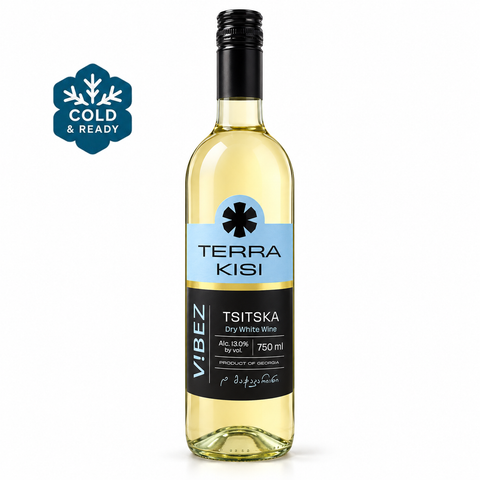 Terra Kisi ViBEZ Tsitska 2025 Dry White Wine 750ml 13%; front bottle with Cold & Ready badge.