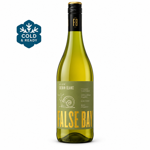 False Bay Chenin Blanc 2025 Dry White Wine 750ml 12.5%; front bottle with Cold & Ready badge.