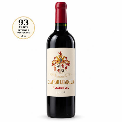Chateau Le Moulin Merlot 2016 Dry Red Wine 750ml 14% (France). Front bottle with 93/100 Bettane & Desseauve 2017 score badge.