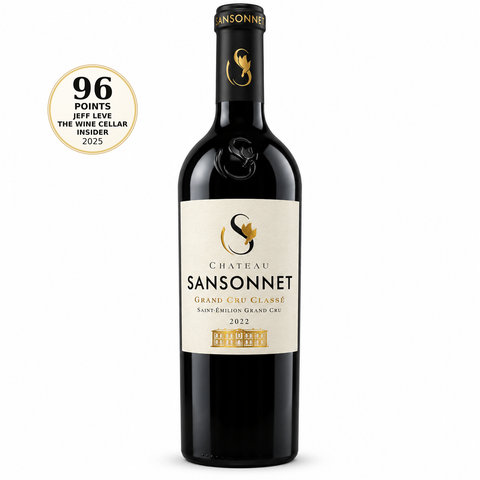 Chateau Sansonnet Merlot 2022 Dry Red Wine 750ml 15% (France). Front bottle with 96/100 The Wine Cellar Insider (Jeff Leve) 2025 score badge.