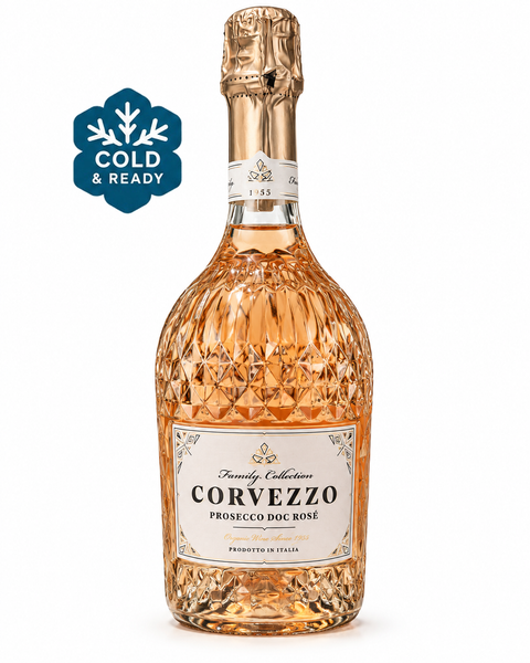 Corvezzo Prosecco DOC Rose Extra Dry 2022 750ml 11.5% (Italy); front bottle with Cold & Ready badge.