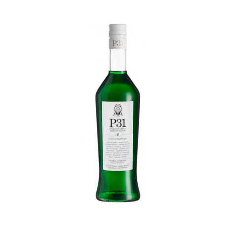 P31 Green Aperitivo 1L bottle with herbal flavor, 11% alcohol, Italian all-natural aperitif, inspired by Venice.