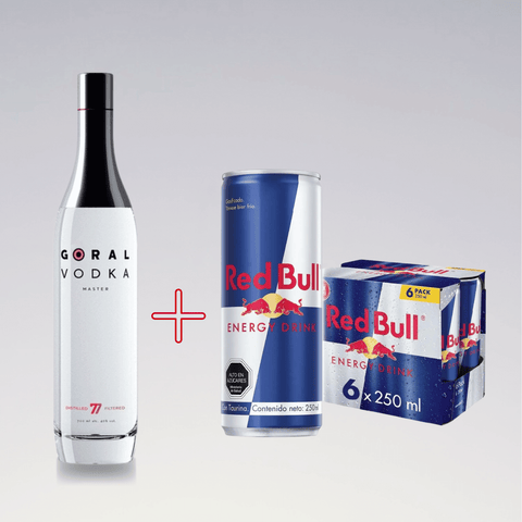 Goral Vodka 1L + Red Bull Energy Drink 6 pack, ideal for parties and events, featuring premium Slovak vodka and iconic mixer.
