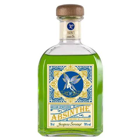 Jacques Senaux Green Absinthe 70cl bottle with 70% ABV, featuring vibrant emerald-green color and artisan Spanish label design.