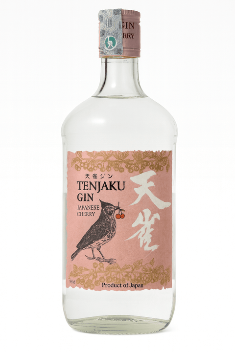 Bottle of Tenjaku Japanese Cherry Gin 700ml showcasing elegant design and cherry blossom label.