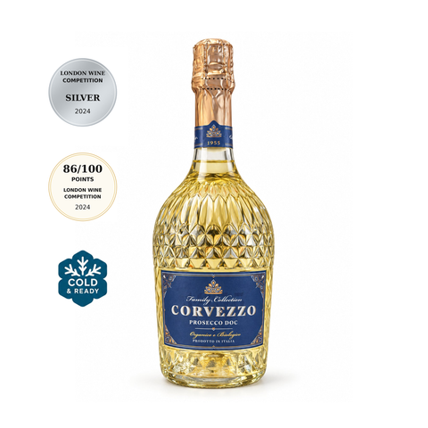 Corvezzo Prosecco DOC Organic Extra Dry 750ml bottle with awards from London Wine Competition 2024, elegant and organic Italian sparkling wine.